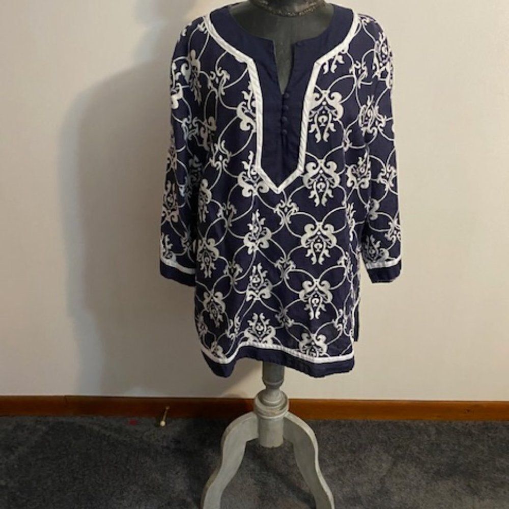 Saint Tropez West Blue/White V-neck Linen tunic, size 2X